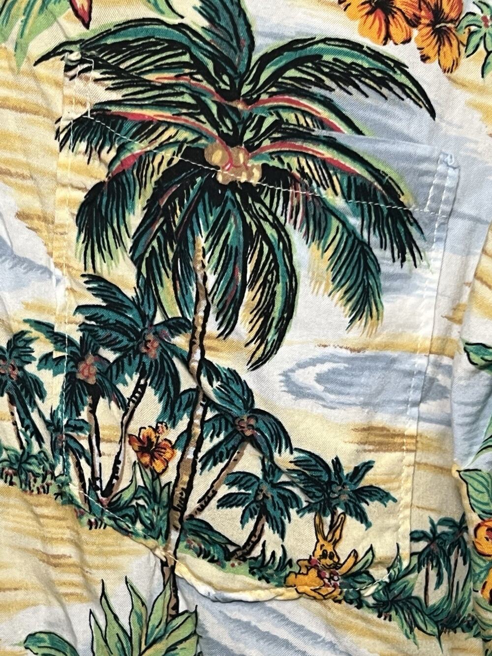 Hawaiian Tropical Shirt Men’s XL Tan Floral Rayon Button Up Aloha Hut Beach